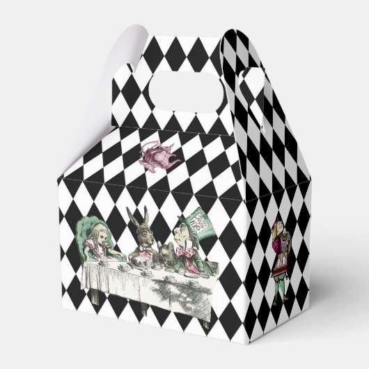 Alice in Wonderland op Black and White Harlequin Bedankdoosjes (Voorkant Zijde)