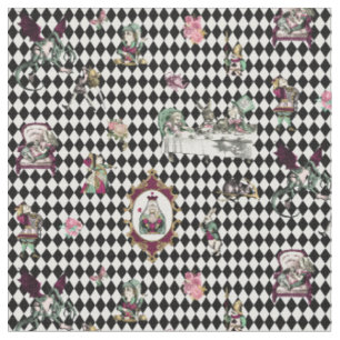 Alice in Wonderland op Black and White Harlequin Stof