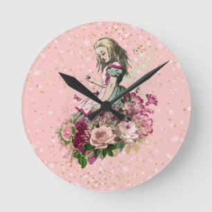 Alice in Wonderland op Roze en Gold Glitter Ronde Klok