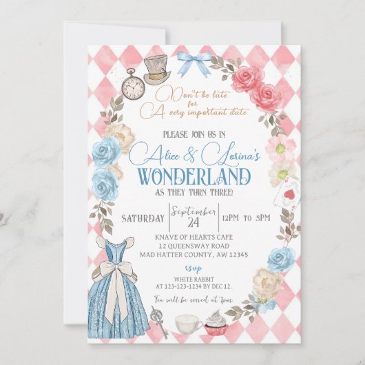 Alice in Wonderland Party, Tweeling 3e Verjaardag  Kaart (Voorkant)