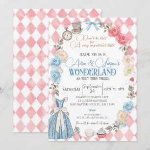 Alice in Wonderland Party, Tweeling 3e Verjaardag  Kaart