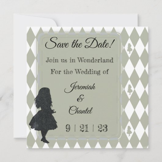 Alice in Wonderland  Pastel Groen Elegant Save The Date (Voorkant)