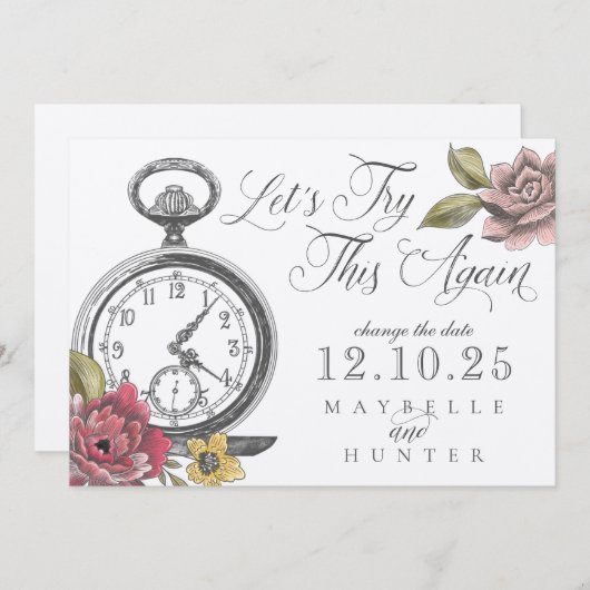 Alice in Wonderland Pocket Watch & Florals Save The Date (Voorkant / Achterkant)