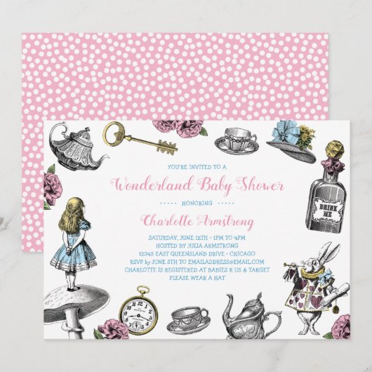 Alice in Wonderland Polka Dot Baby shower Kaart (Voorkant / Achterkant)
