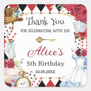Alice in Wonderland Red Floral Birthday Tea Party Vierkante Sticker