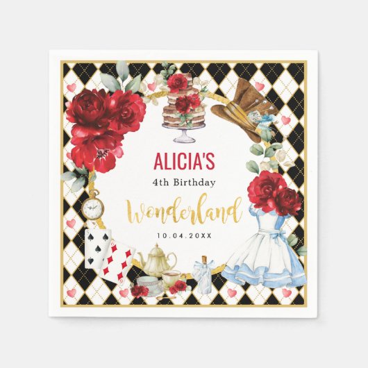 Alice in Wonderland Rode Bloemen Meisjes Thee Fees Servet (Voorkant)