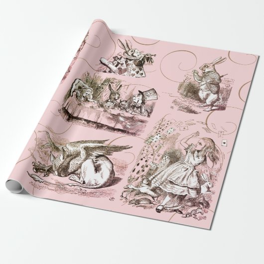 Alice in Wonderland Roze Cadeaupapier (Uitgerold)