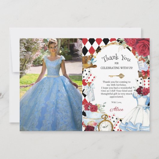 Alice in Wonderland Rozen Verjaardags Theepartij F Bedankkaart (Voorkant)