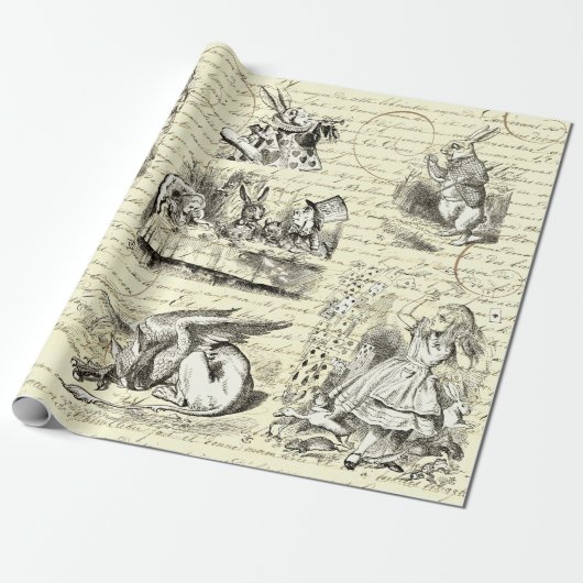 Alice in Wonderland Script Beige Cadeaupapier (Uitgerold)