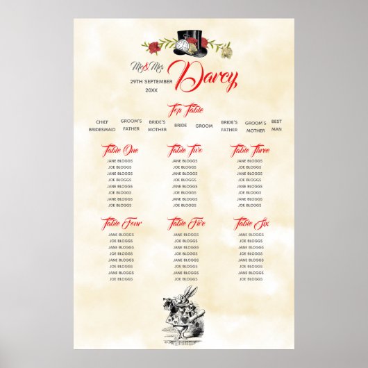 Alice in Wonderland Seating Chart met Top Table Poster (Voorkant)