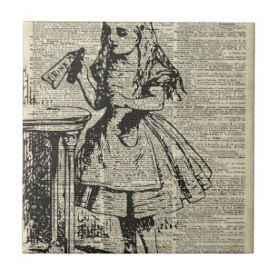 Alice in Wonderland Stencil op Oude Pagina Tegeltje