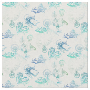 Alice in Wonderland Tea Blue Green Fabric Stof