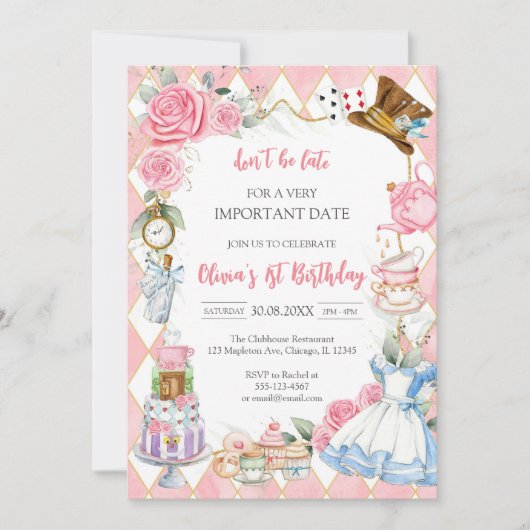 Alice in Wonderland Tea Party Birthday Invitation (Devant)