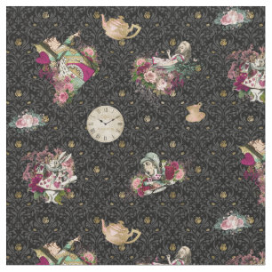 Alice in Wonderland tekenaars op zwart en goud Stof