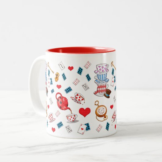 Alice in Wonderland Theme Pattern Tweekleurige Koffiemok (Voorkant links)