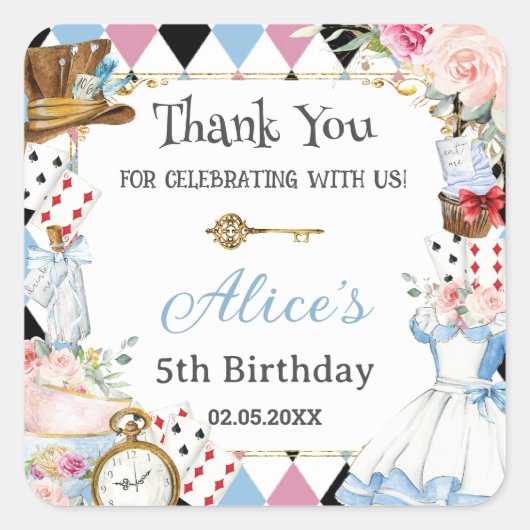 Alice in Wonderland Verjaardags Thee Party Vierkante Sticker (Voorkant)