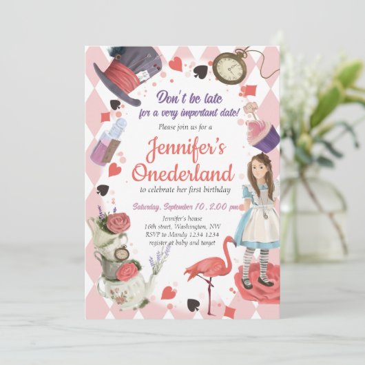 Alice in Wonderland verjaardagsuitnodiging Kaart (Staand voorkant)