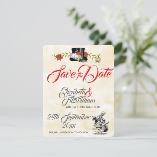 Alice in Wonderland Wedding Save the Date Kaart (Staand voorkant)
