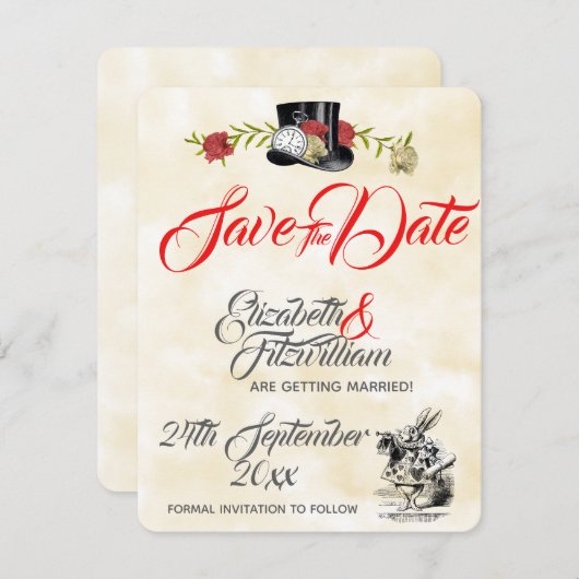 Alice in Wonderland Wedding Save the Date Kaart (Voorkant / Achterkant)