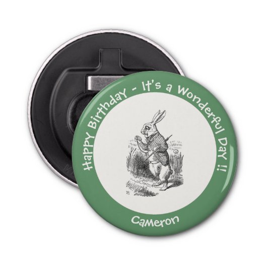 Alice in Wonderland White Rabbit Birthday Party Button Flesopener (Voorkant)