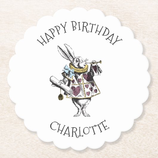 Alice in Wonderland White Rabbit Happy Birthday Kartonnen Onderzetters (Voorkant)