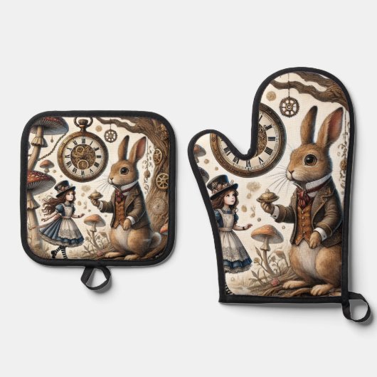 Alice in Wonderland Witte Konijn thee Kunst Ovenwant & Pannenlap Set (Voorkant)