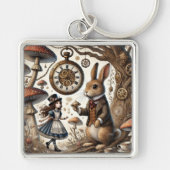 Alice in Wonderland Witte Konijn thee Kunst Sleutelhanger (Voorkant)