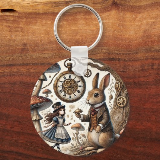 Alice in Wonderland Witte Konijn thee Kunst Sleutelhanger (Voorkant)
