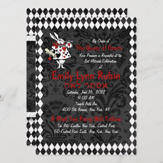 Alice in Wonderland Zwarte Feest Uitnodiging (Voorkant / Achterkant)