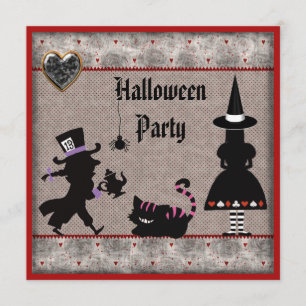 Alice, Mad Hatter en Cheshire Cat Halloween Party Kaart