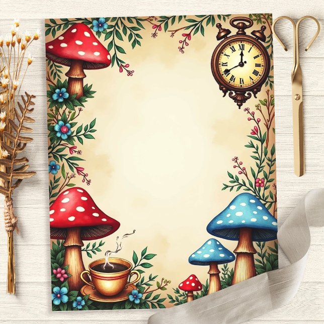 Alice Mushrooms Teacup Klok Scrapbook Papier (Creator heeft geüpload)