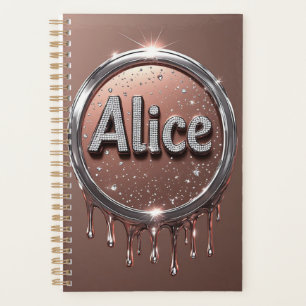 Alice Naam Diamanten Logo Badge in Fonkelende Sier Planner