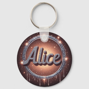 Alice Naam Diamanten Logo Badge in Fonkelende Sier Sleutelhanger