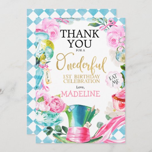 Alice Onederful 1er anniversaire Carte de remercie (Devant / Derrière)