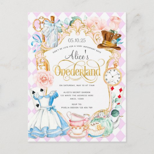 Alice onederland tea party meisje eerste verjaarda uitnodiging briefkaart (Voorkant)