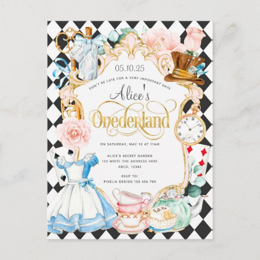 Alice Onederland theefeestje meisje 1 verjaardag Uitnodiging Briefkaart (Voorkant)