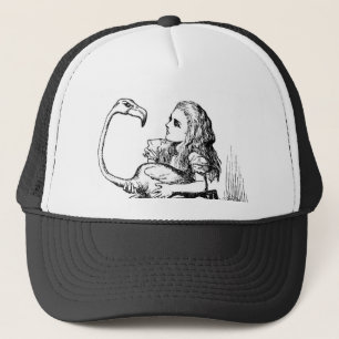 Alice probeert croquet te spelen met een flamingo trucker pet