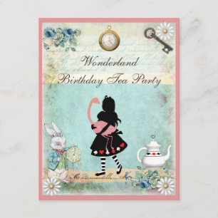 Alice, Roze Flamingo & Cheshire Cat Birthday Party Kaart