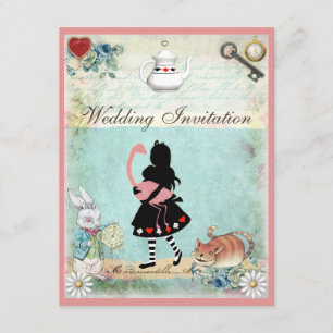 Alice, Roze Flamingo & Cheshire Cat Wedding Kaart