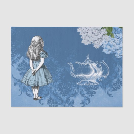 Alice Teapot Blue  Damask-weefselpapier Tissuepapier (Voorkant)