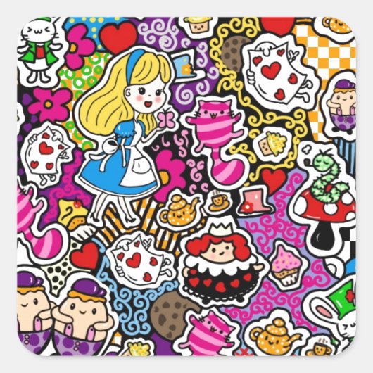 Alice Wonderland Mad Hatter Kat Doodle Kunst door Vierkante Sticker (Voorkant)