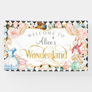 Alice wonderland met de achtergrond van het gekke- spandoek