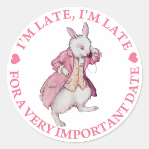ALICE'S WITTE RABBIT ZEGT: IK BEN TE LAAT, IK BEN  RONDE STICKER