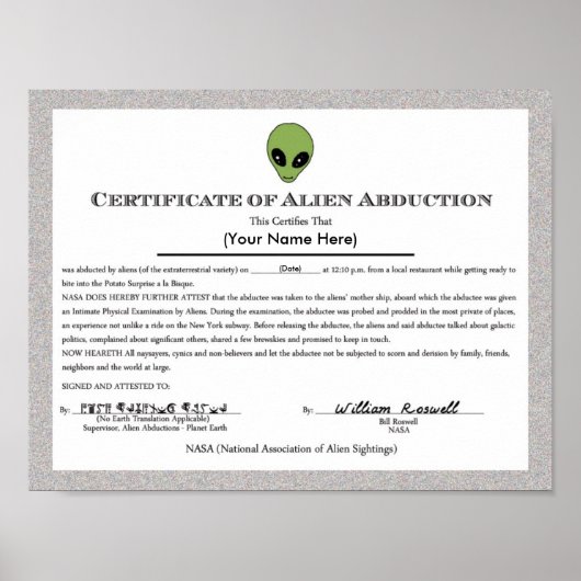 Alien Abductiecertificaat Poster (Voorkant)