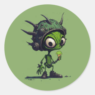 Alien Cartoon Design Eating Ice Cream Cone Cool Co Ronde Sticker