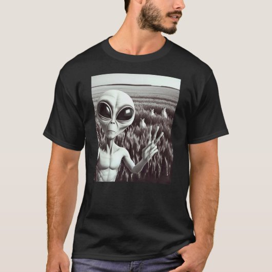 Alien Cat Funny Black and White Selfie UFO Peace S T-shirt (Voorkant)