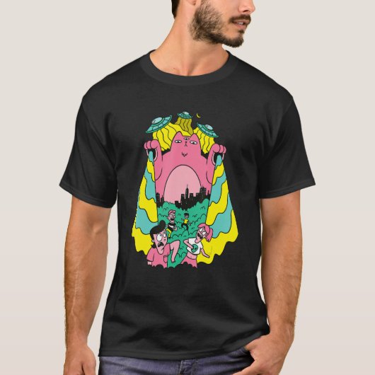 Alien Cat ontvoert mensen Ufo T-shirt (Voorkant)