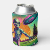 Alien Disc Golf met Planet Achtergrond Blikjeskoeler (Blikje Voorkant)