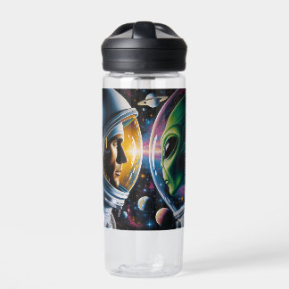 Alien en astronaut in de ruimte gepersonaliseerd waterfles