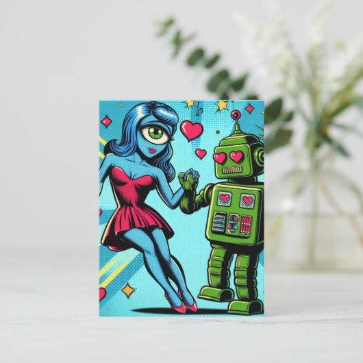 Alien en een Robot in Liefde Briefkaart (Staand voorkant)